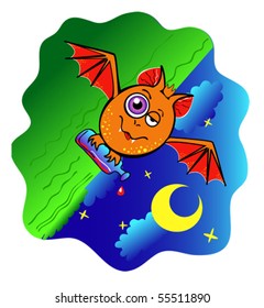 The bat flies through the sky, holding the bottle in his paws.
