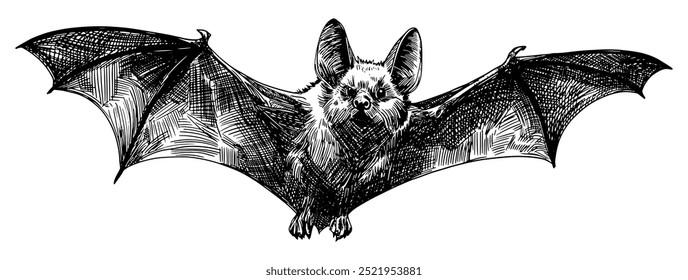 bat in flight isolated on white background hand drawn sketch card design element ink line art detailed nocturnal chiroptera animal vector illustration halloween season holiday object