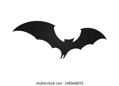 Bat in flight, wide wings, black silhouette of bat on white background, vector illustration. Halloween and vampire simple Logo and symbol template. 