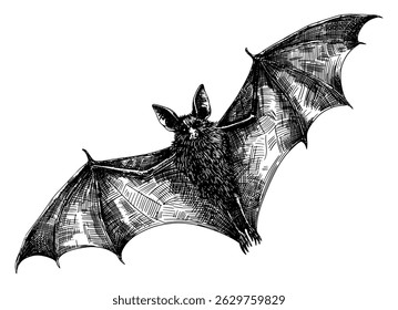 bat in flight with its wings spread wide isolated hand drawn sketch detailed textures dynamic movement fur large pointed ears black white line art detailed vector illustration