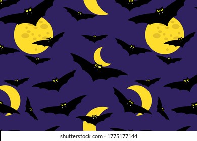 Bat flock at full moon night seamless pattern. Scary animals illustration in the halloween mood for fabric, textile, wallpaper, wrapping paper,  background