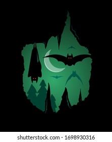 Bat fly in cave located scary forest illustration black background