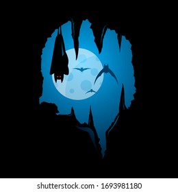 Bat fly into the cave stone a full moon illustration background black