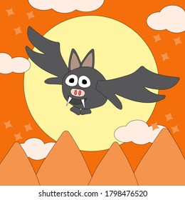 Bat Flying against the moon and mountain, doodle style
