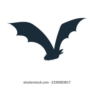 Bat flying, black silhouette icon, flat vector illustration isolated on white background. Spooky Halloween holiday decoration. Wild animal drawing.