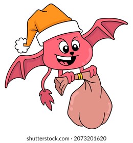 the bat is flying carrying a sack of christmas gifts, vector illustration art. doodle icon image kawaii.