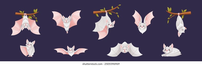 Bat Flying Creature Character Hang on Tree Branch Vector Set