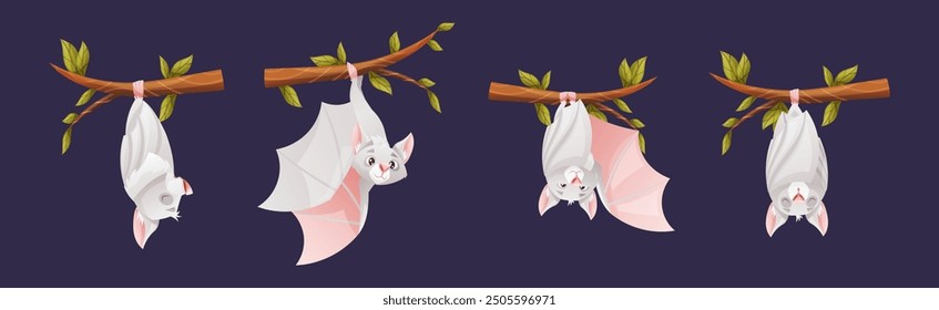 Bat Flying Creature Character Hang on Tree Branch Vector Set