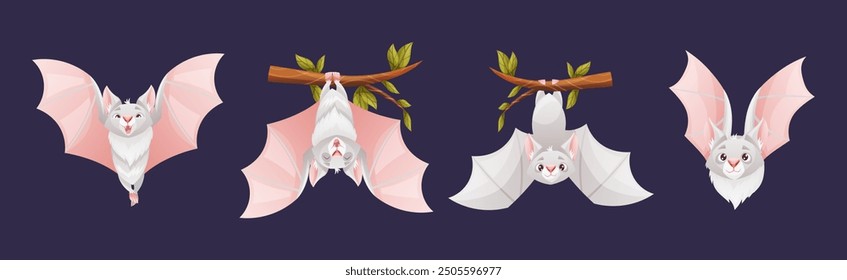 Bat Flying Creature Character Hang on Tree Branch Vector Set