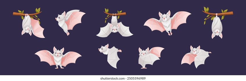 Bat Flying Creature Character Hang on Tree Branch Vector Set