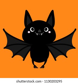 Bat flying. Cute cartoon baby character with big open wing, ears, legs. Happy Halloween. Black silhouette. Forest animal. Flat design. Orange background. Isolated. Greeting card. Vector illustration