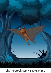 A bat flying in dark forest illustration