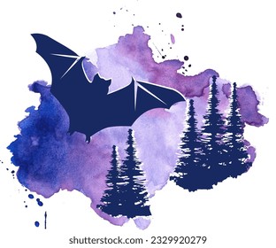Bat flying in front of watercolor background with the pine trees. Bat in the pine forest. Beautiful dark purple illustration concept