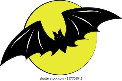 Bat flying with a full moon in the white background. 