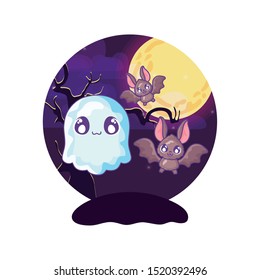bat flying with ghost on halloween scene