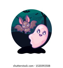 bat flying with ghost on halloween scene