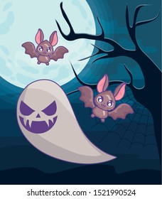 bat flying with ghost on halloween scene vector illustration design