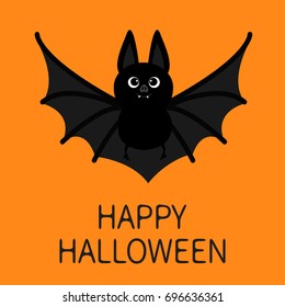 Bat flying. Happy Halloween. Cute cartoon character with big open wing, ears and legs. Black silhouette. Forest animal. Flat design. Orange background. Greeting card. Vector illustration