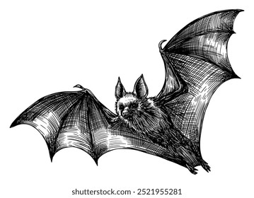 murciélago volando aislado sobre fondo blanco alas completamente extendidas intrincada estructura de hueso de correas textura de piel dibujado a mano boceto blanco negro línea de tinta ilustración de arte diseño de Halloween