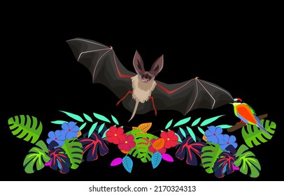 Volando en la selva nocturna, armazón de plantas tropicales y animales, vector de fondo negro