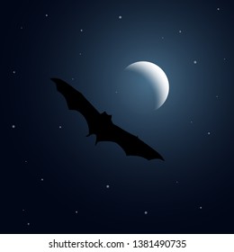 Bat flying at night landscape moon vector illustration