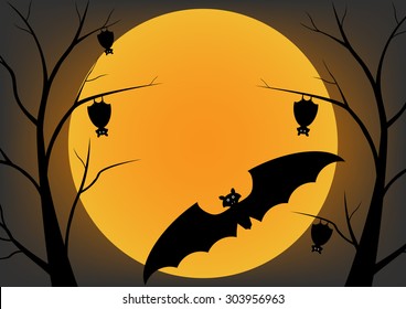 Bat flying in the night and sleep on a dead trees and full moon. Vector design Halloween concept.