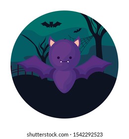 bat flying over halloween scene, vector illustration design