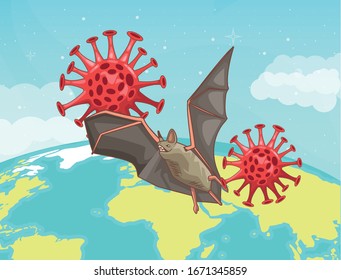 bat flying in planet corona virus scene vector illustration design