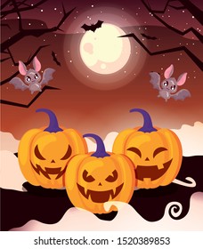bat flying with pumpkin on halloween scene