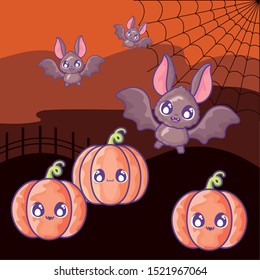 bat flying with pumpkin on halloween scene vector illustration design