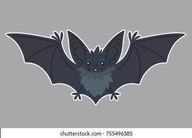 Bat flying. Vector illustration of bat-eared grey creature with outstretched wings in flat style with silhouette syblayer. Sticker. Element for your design, print. Cute Halloween bat vampire icon.