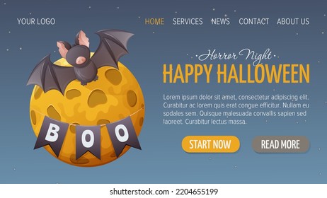 Bat and full moon. Garland of flags with the text Boo. Happy Halloween. Horizontal template for website interface. Vector illustration. For store, sale