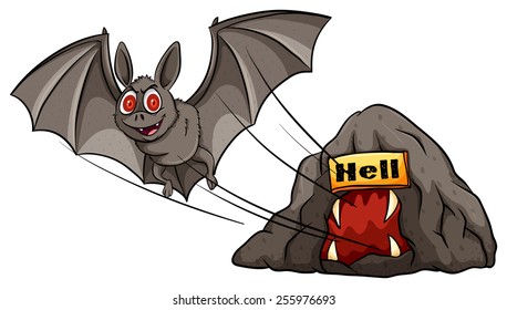 Bat getting out from the cave on a white background