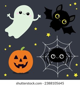 Murciélago, espíritu fantasma, telaraña, calabaza con cara. Feliz Halloween. Cute caricatura kawaii divertido juego de personajes para bebés. Estrellas amarillas. Diseño plano. Fondo negro. Aislado. Ilustración del vector