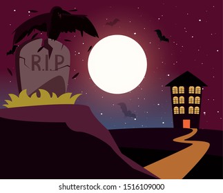 bat in graveyard tombstone with scene of halloween