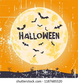 Bat Halloween On a Moon Background With Grunge Vector. Silhouette Icon of Tree, Pumpkin, Bat, Grave, and Moon For Your Design, Card, poster, invitation, etc.