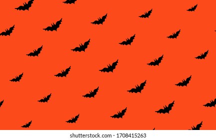 Bat halloween seamless patter with orange background. Black Bat Silhouettes on Orange Background. Vector EPS 10