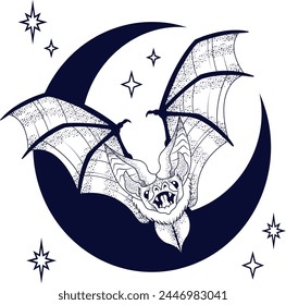 Bat hand drawn illustration with stars and moon
