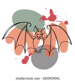 Bat in einem handgezeichneten linearen Stil mit bunten abstrakten Flecken. Einzeln auf Weiß. Vektorgrafik.