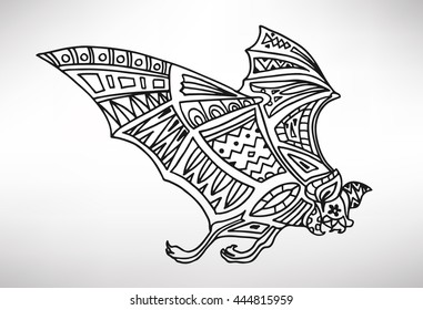 Bat. Hand-drawn with ethnic pattern. Coloring page - isolated on a white background. Zendoodle patterns. Vector illustration.