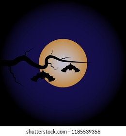 bat hang on the branch tree with full moon - vector illustration