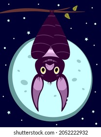 Сute bat is hanging on a branch. Vector illustration for postcards, posters and design.