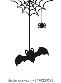 Bat Hanging on a Spider Web Doodle Silhouette, Happy Halloween Spooky Ornaments Decoration Vector illustration