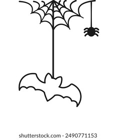 Bat Hanging on a Spider Web Doodle Outline Line Art, Happy Halloween Spooky Ornaments Decoration Vector illustration