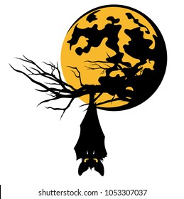 bat hanging on tree branch against full moon - halloween theme vector design