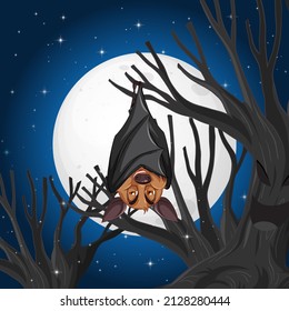 A bat hanging tree at night scene illustration