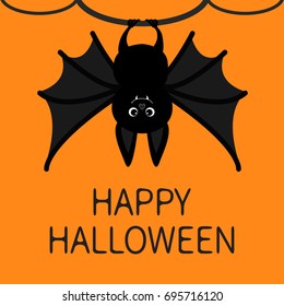 Bat hanging on the tree ring. Happy Halloween card. Cute cartoon character with big wing, ears and legs. Black silhouette. Forest animal. Flat design. Orange background. Isolated. Vector illustration