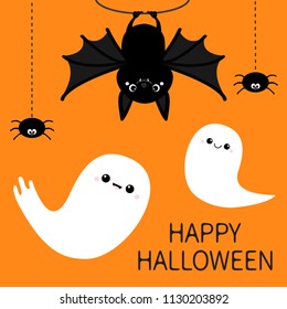 Bat hanging. Spider dash line web. Flying ghost spirit. Happy Halloween card. Cute cartoon character with big wing ears and legs. Black silhouette. Flat design Orange background. Isolated. Vector