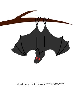 Bat hanging upside down on a branch. Gray creature isolated on white background. Halloween tradition symbol. Good for card, poster, banner, sticker, logo. Vector illustration