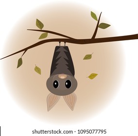 The bat hangs on the branch upside down. Autumn. Vector illustration